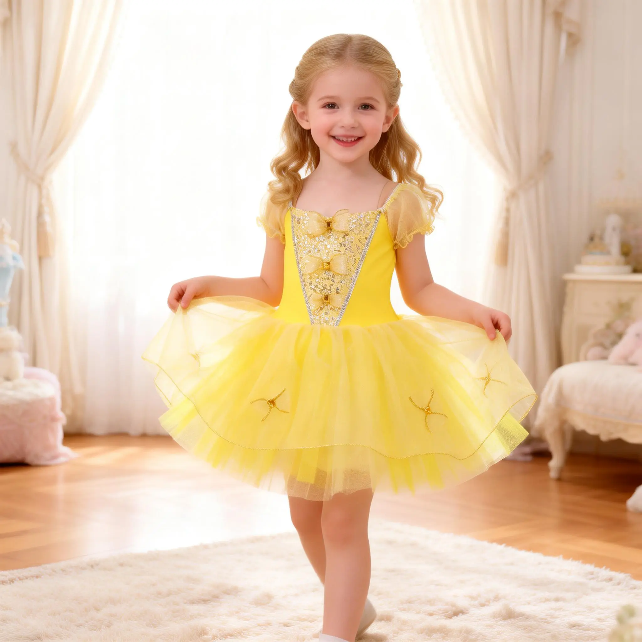 Toddler Girls Yellow Tulle Princess Tutu Dress, Sparkle Bow Ballerina Outfit for Dance Recital & Birthday Party