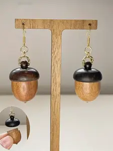 1 Pair of Screw-On Cute Acorn and Pinecone Simulation Earrings for Women, Wood Grain Texture, Street Style, All Seasons