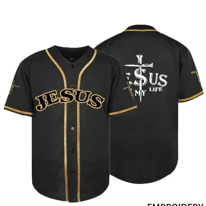 Jesus Christian Faith Baseball Jersey Shirt for Men Women - Premium Embroidered Black & Gold Button Up Sportswear - Religious Gift Worship Streetwear Apparel High Quality Fabric