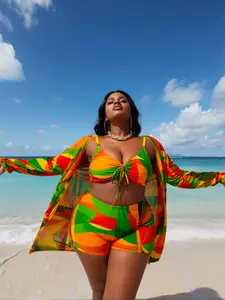 XJN Women's Plus-Size 3-Piece Tropical Color Block Print Bikini Swimsuit Set - Long-Sleeve Sheer Beach Cover-Up Kimono, High-Waist Boy Short Swimsuits for Curvy Women's Vacation Beach Wear,summervibes