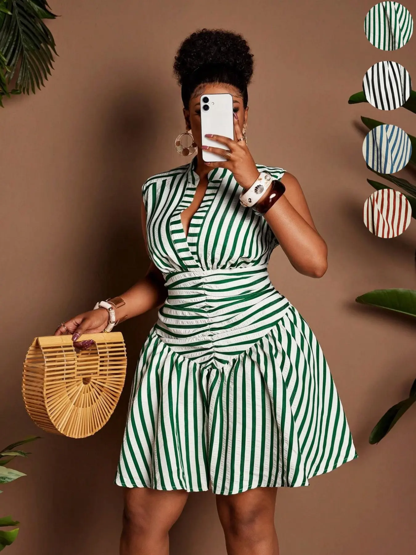 Plus Size Striped V Neck Sleeveless Mini Dress, Waist Cinch Pleated a Line Skirt, Summer Casual Feminine Chic Women's Fashion
