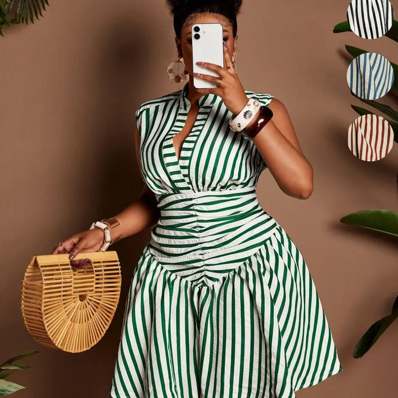 Plus Size Striped V Neck Sleeveless Short Mini Dress, Waist Cinch Pleated a Line Skirt, Summer Casual Feminine Chic Women's Fashion Casual Wear, Beach Summer Dress