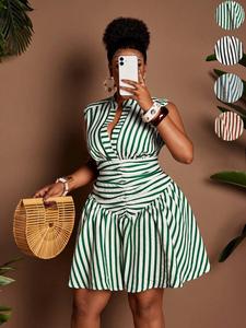 Plus Size Women's Striped V Neck Sleeveless Dress, Waist Cinched a Line Short Skirt, Summer Casual Fashion