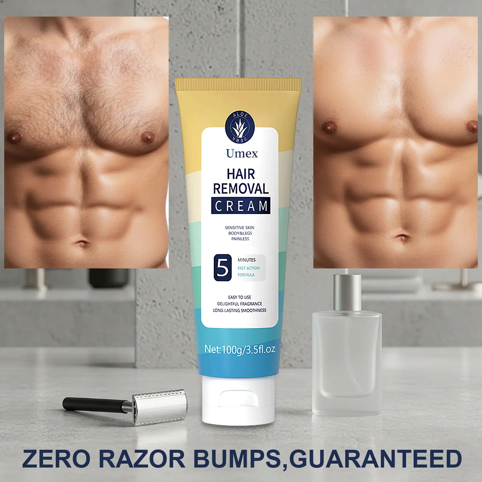 UMEX Pain-Free Hair Removal Cream for Sensitive Skin, Fast-Acting Depilatory with Light Fragrance, Aloe Vera & Hyaluronic Acid, Gentle for Bikini Area, Legs, Underarms & Body, Suitable for Women & Men
