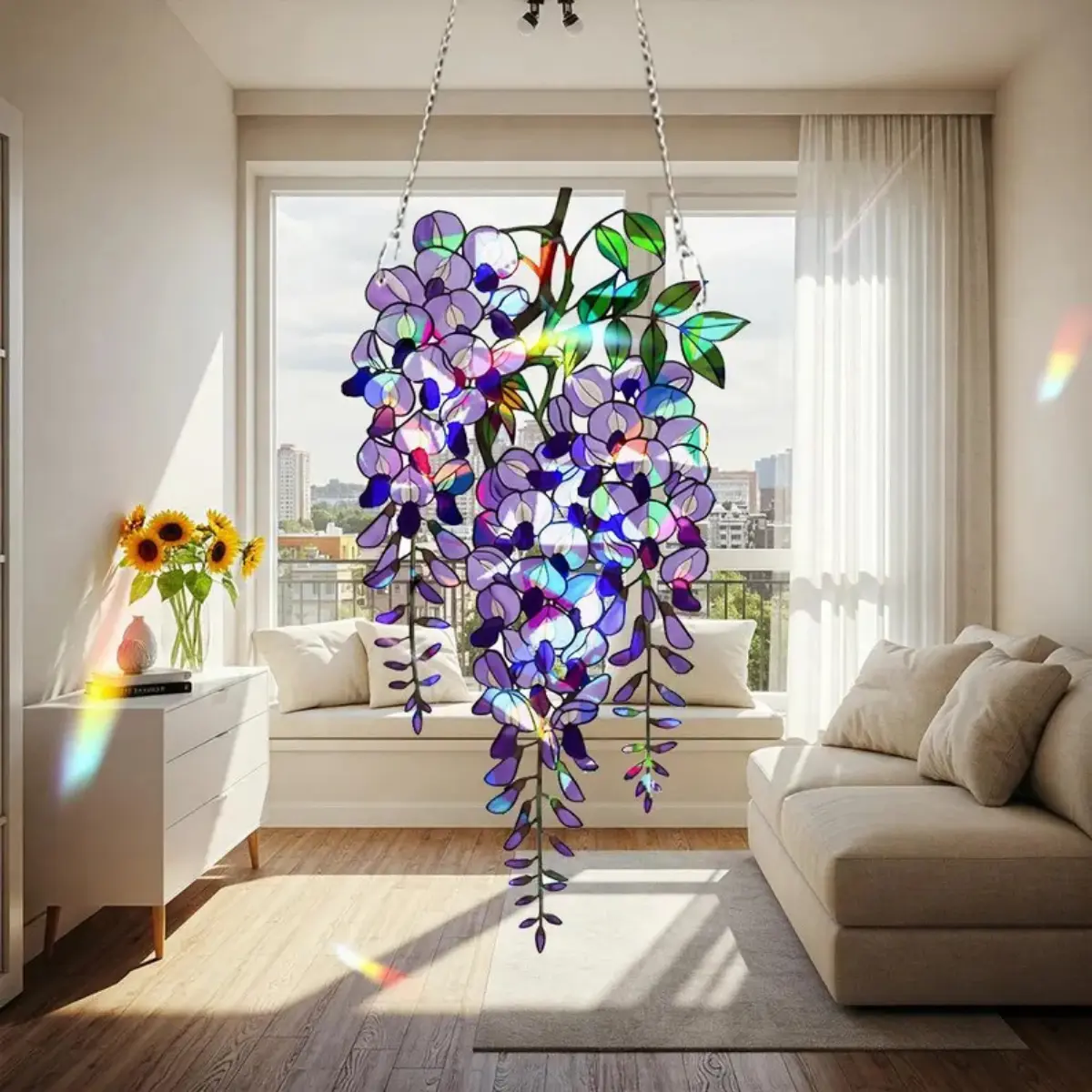 Purple Wisteria Acrylic Hologram Suncatcher - 2-Sided Floral Graphic Multi-Size Stained Glass Style Hangable Decorative Hanging Piece, Reflective Rainbow Effect Artistic Indoor Decoration, Gift for Home Decor Lovers