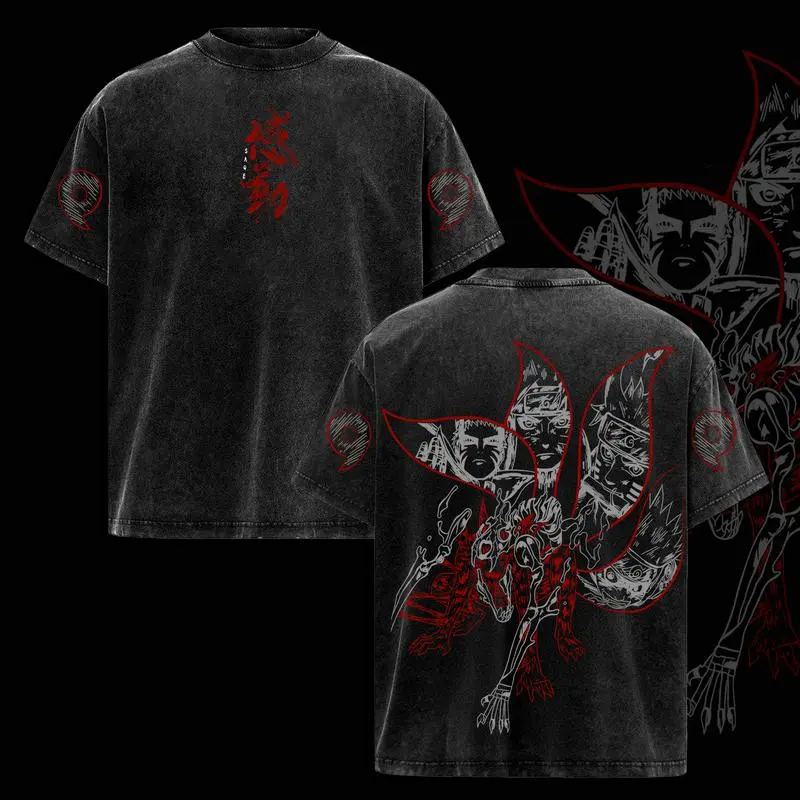 Men's Kurama Sharingan T-Shirt, Vintage Washed Korean Streetwear with Cute Printed Art, Casual Round Neck Anime Pullover, Herringbone, Cotton, Graphic, Preppy, Retro, Animated Character Men's Short-Sleeve T-Shirts, Machine Wash, Tshirt, Shortsleeve, Festi