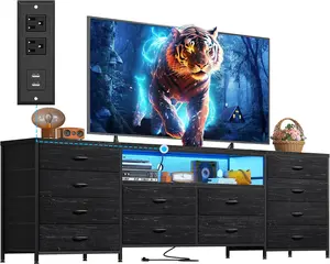Raybee Furniture 63" W Dresser TV Stand,Fits 75" TV Stand Dresser for 65 70 75 Inch TV, Long Fabric Dresser Entertainment Center，with LED Lights & Power Outlets & 12 Drawers tv stand