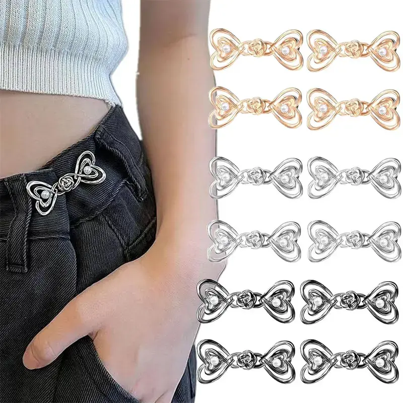 12 Pairs Heart Shaped Adjustable Waist Buckle Set, Elastic Pants Tightener Clips, Easy-Use Waist Fasteners for Loose Jeans, Pants and Dresses