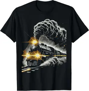 Cotton Graphic Tees Streetwear Steam Engine Train Vintage Locomotive Conductor Men T-Shirt