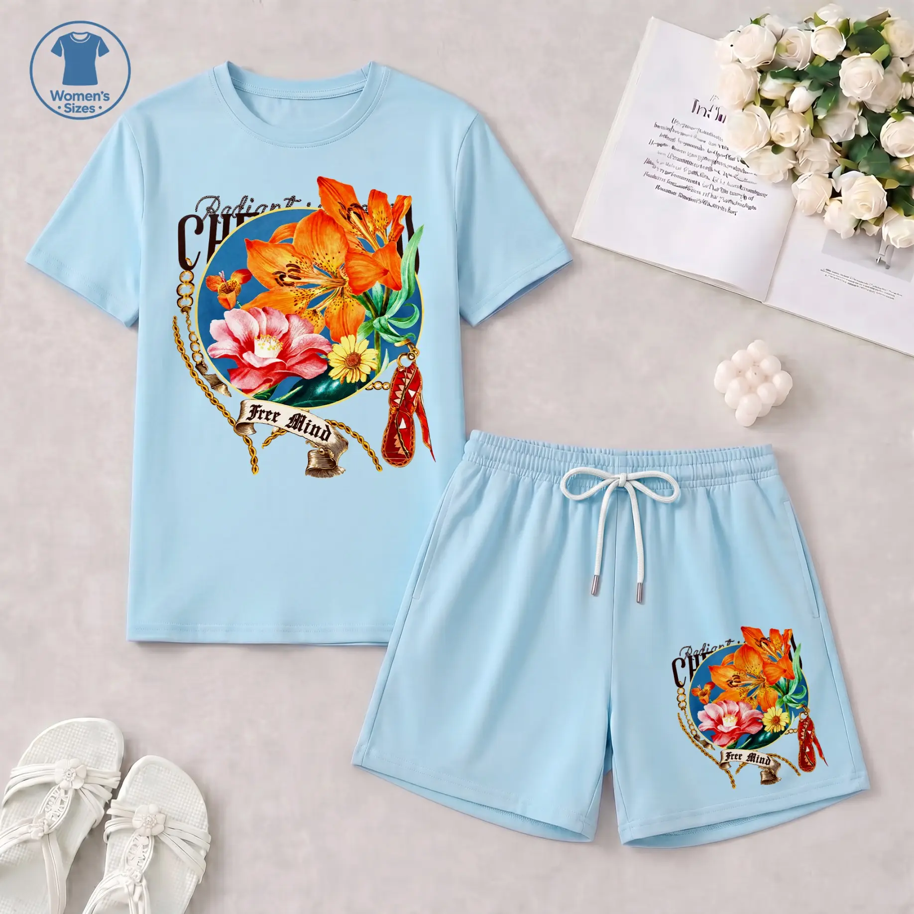 Women's Vintage Floral Graphic Short Sleeve T-Shirt And Shorts Set, Casual Summer Two-Piece Outfit With Crew Neck Top And Elastic Drawstring Shorts For Vacation And Daily Wear