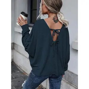 Casual Solid Color Batwing Sleeve Back Tie T-Shirt,