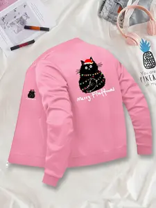 Women's Merry Fluffmas Print Zipper Bomber Jacket, Casual Fitted Design, Comfortable Fashion, All Seasons Wear, Sizes S-Xxl