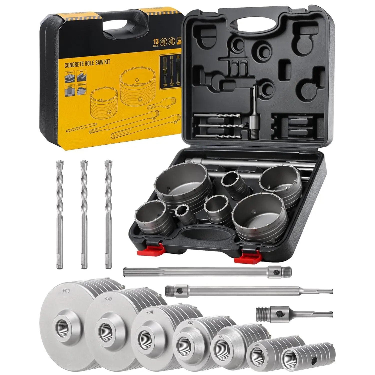 13PCS Concrete Hole Saw Kit, 30/40/50/65/80/100/110mm Tungsten Carbide Masonry Hole Saw Kit with 300/110mm SDS Plus Bit, 300mm SDS Max Bit Shank Drill Bit Sets for Concrete, Brick,Wall Drilling