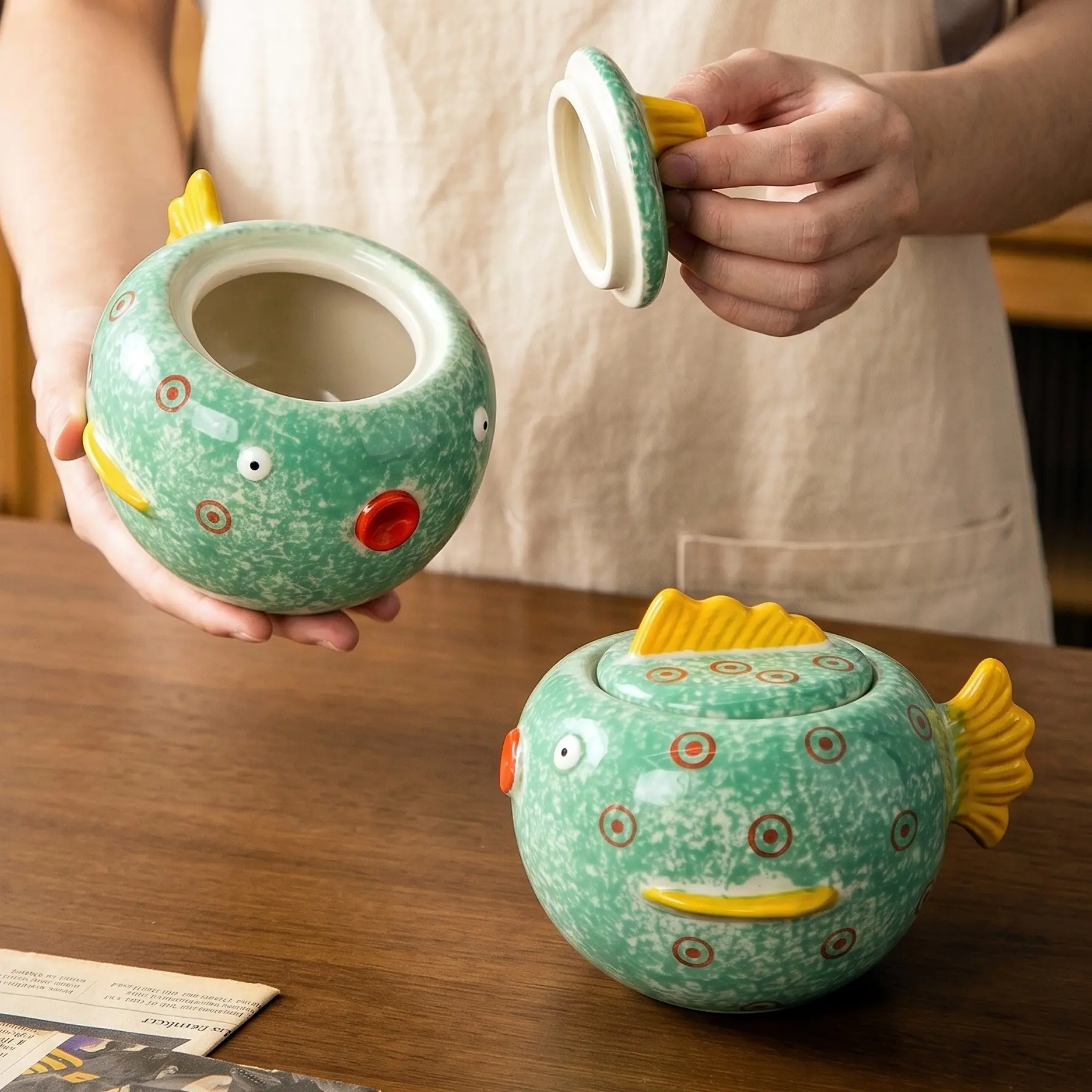 HongDian Green Pufferfish Lidded Storage Jar,Cute Ceramic Canister Succulent Planter,6 in,550ml 19 oz,Premium Ceramic,SGS Tested Underglaze Fade Resistant,Dishwasher Sterilizer Safe,Coffee Bar Tea Station Pantry Organizer Plant Pot Kitchen Gift Decor