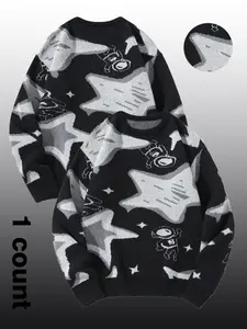 Men's Star Print Round Neck Sweater, Regular Fit Casual Long Sleeve Crew Neck Jumper for Fall & Winter, Fashion Men's Top for Daily Wear
