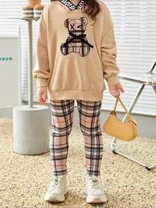 Toddler Girl's 2pcs Cartoon Bear Print Hoodie & Plaid Print Pants Set, Long Sleeve Hooded Pullover & Elastic Waist Trousers, Casual Spring & Fall Two-Piece Outfits For Kids Outdoor Holiday, Hoodies