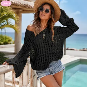 Yolabra  Open-Knit Crochet Oversized Dolman Beach Cover-Up Off-The-Shoulder Hollow Knit Summer Sweater Loose-Fit Dolman Sleeve Crochet Pullover Breathable Openwork Knit Beachwear Tunic Casual Slouchy Crochet Off-Shoulder Blouse