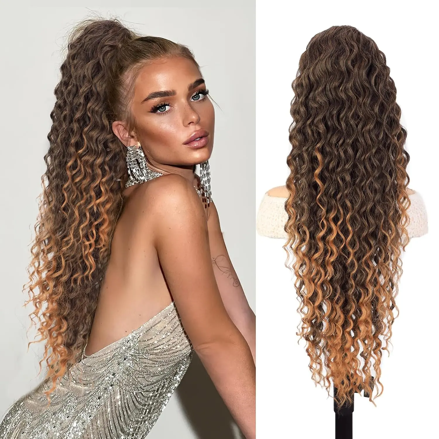 30 Inch Afro Kinky Curly Ponytail Extension, Long Synthetic Drawstring Clip-In Hair Extensions for Black Women, Ombre Brown to Blonde, Extensions Hair