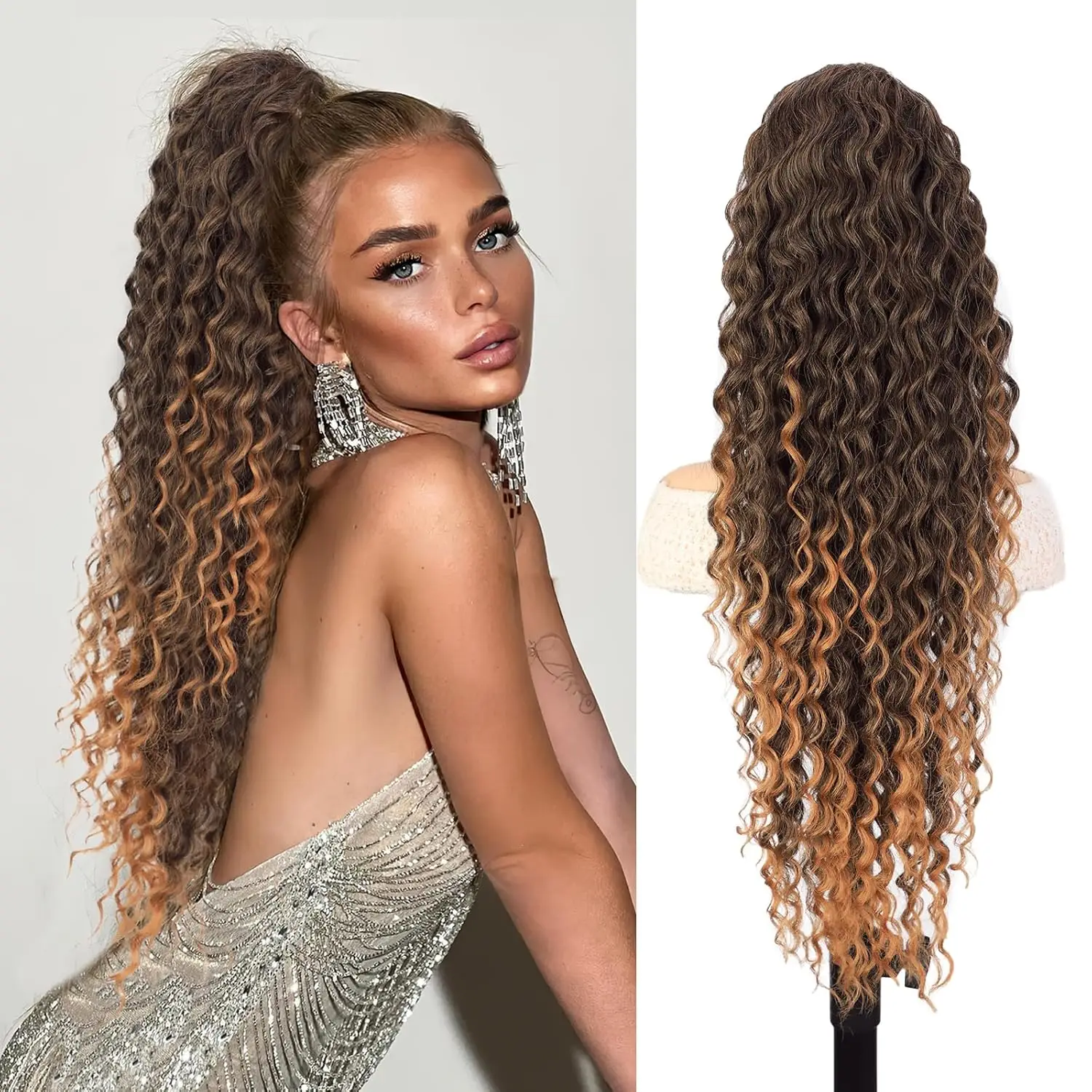 30Inch Drawstring Ponytail Extensions for Women, Synthetic Long Curly Wavy Ponytail Gorgeous Pony Tails Hair Extensions for Daily Use(Ombre Medium Bro