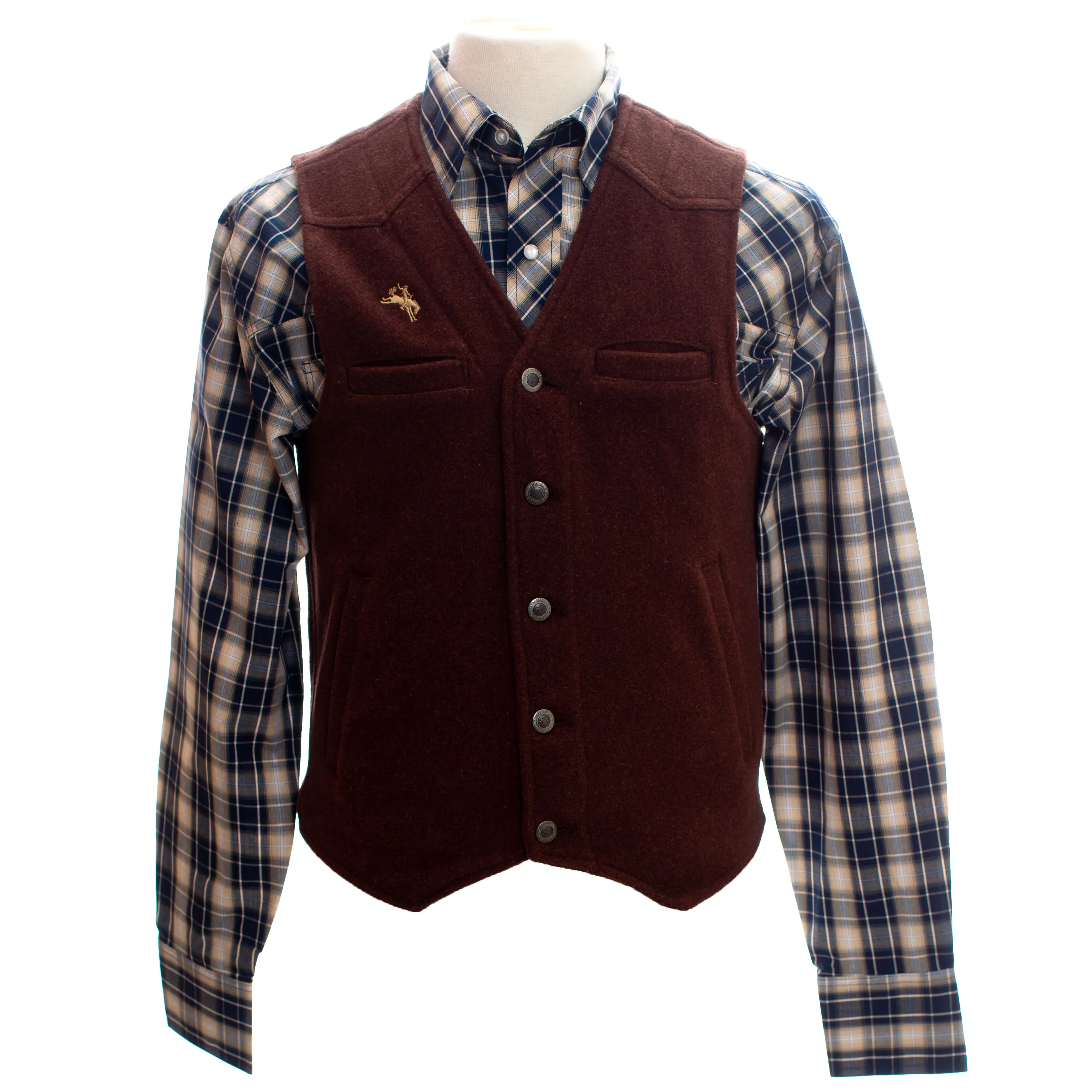 Men's Western Australian Wool Sleeveless Waistcoat in Chocolate with Multiple Pockets and a Polyester Satin Lining, Menswear, Tops, Buttons, 22 Ounce