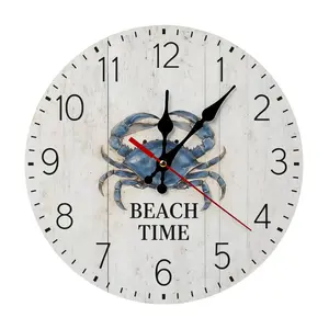 "Beach Time" Round Vintage Wooden Blue Crab Wall Clock - Silent Coastal Design, DIY Assembly Needed, Battery Not Included, Ideal for Nautical or Rustic Home Decor, Room Decor