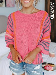 women's striped print flounce sleeve sweater, casual 3/4 sleeve round neck jumper for spring & fall, fashion women's knitwear for daily wear