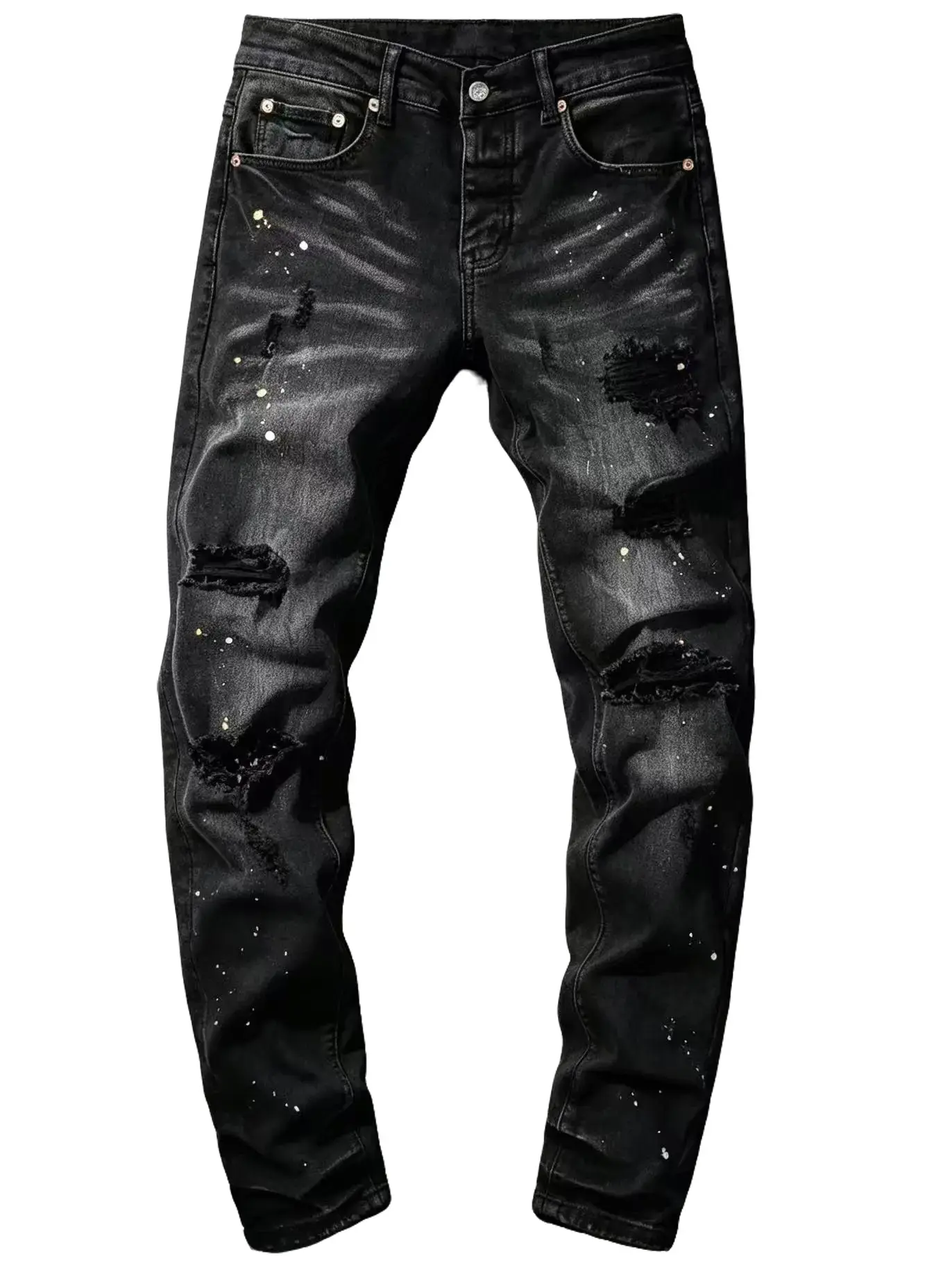 Men's High-Stretch Vintage Washed Punk Jeans, High-Quality Plain Fabric, Multi-Frayed Hem, Distressed Details, Gold & White Paint Splatter, Slim Tapered Fit, Wrinkle-Resistant Skin-Friendly Long Pants, All-Season Menswear, Outfits, Natural