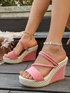 Elegant Wedge Heels for Women, Suede Thick Bottom Shoes with Ankle Strap, Breathable Faux Leather, Stylish Square Toe Design for All Seasons