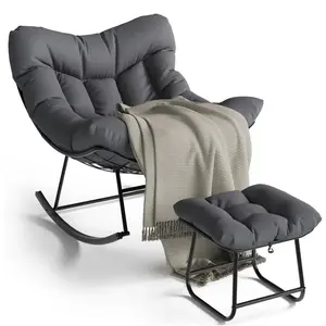 [FLASH SALE] Garvee Papasan Rocking Chair with Footrest, 400 lbs Indoor Outdoor Lounge Rocker with Thick Cushion & Ottoman for Patio, Balcony, Porch & Bedroom, Dark Gray