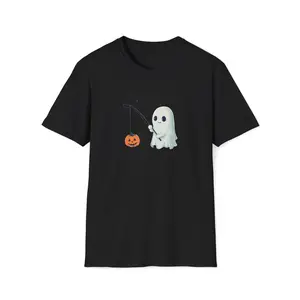 Cute Ghost Fishing T-Shirt for Halloween, Adorable Halloween Ghost Shirt, Fall Festive Ghost Tee, Cartoon Style Tee with Jack-O'-Lantern