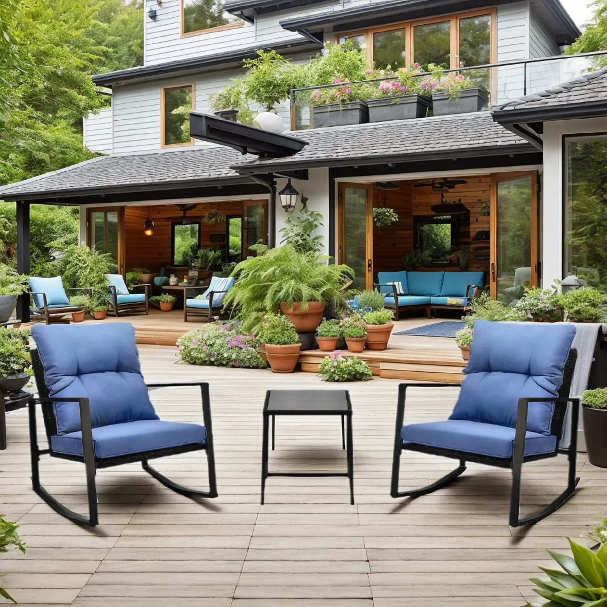 3 Piece Outdoor Patio Furniture Set with Side Table, Rocking Patio Chairs Set of 2, Outside Bistro Patio Set Outdoor Furniture, Patio Conversation Sets for Porch Balcony Pool Deck Backyard Garden