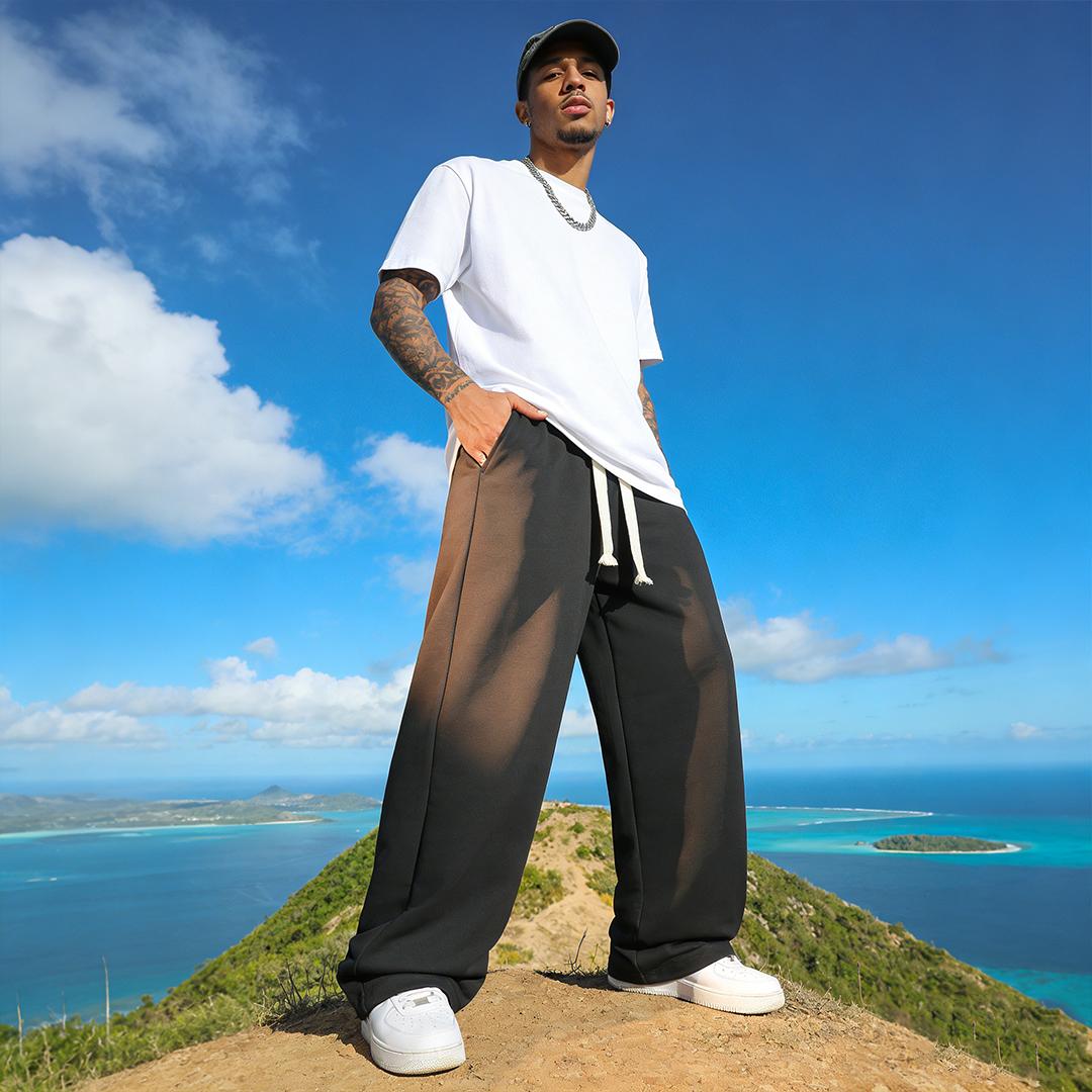 Men's 6-Piece Solid Color Drawstring Casual Long Pants, Street Style Loose Fit Sports Pants