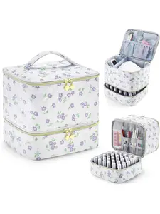 Nail Polish Storage Bag Nail Tool Box Holds 30 Bottles and Nail Lamp Quilted Floral Print Makeup Bag Travel Cosmetic Bags Travel Essentials Valentine's Day Gift for Women Makeup Organizer Pouch