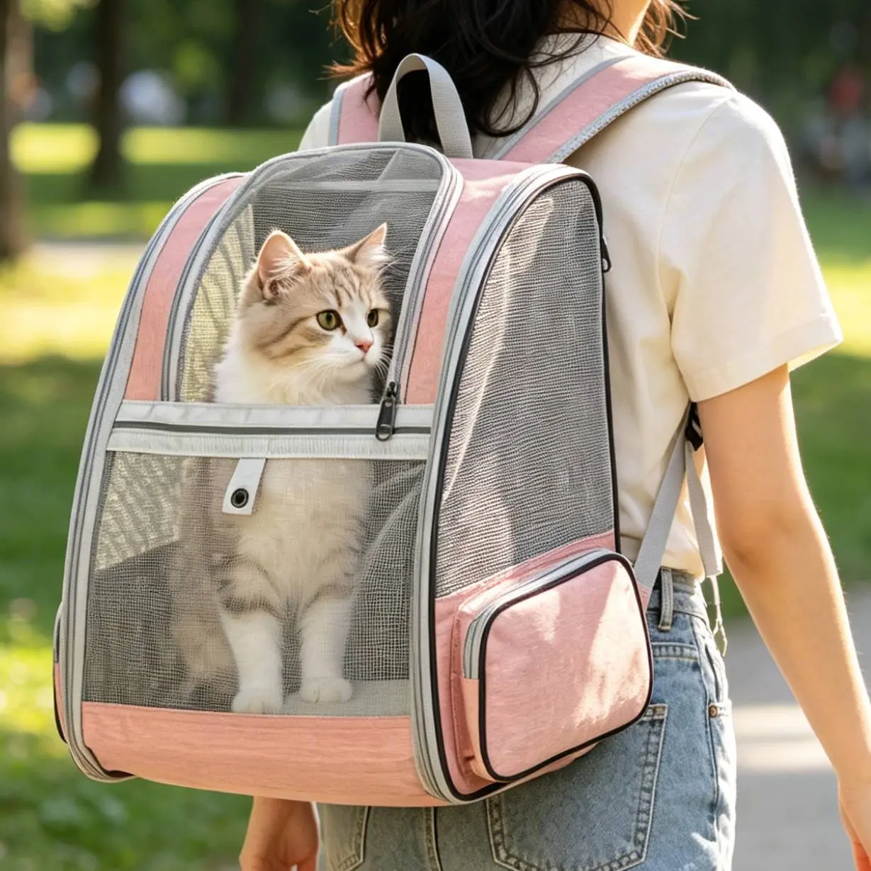 Foldable Dog Travel Backpack with Dual Straps, Side Pockets, Full-Mesh Ventilation for Optimal Airflow, Safe Pet Outing Carrier, Multiple Colors