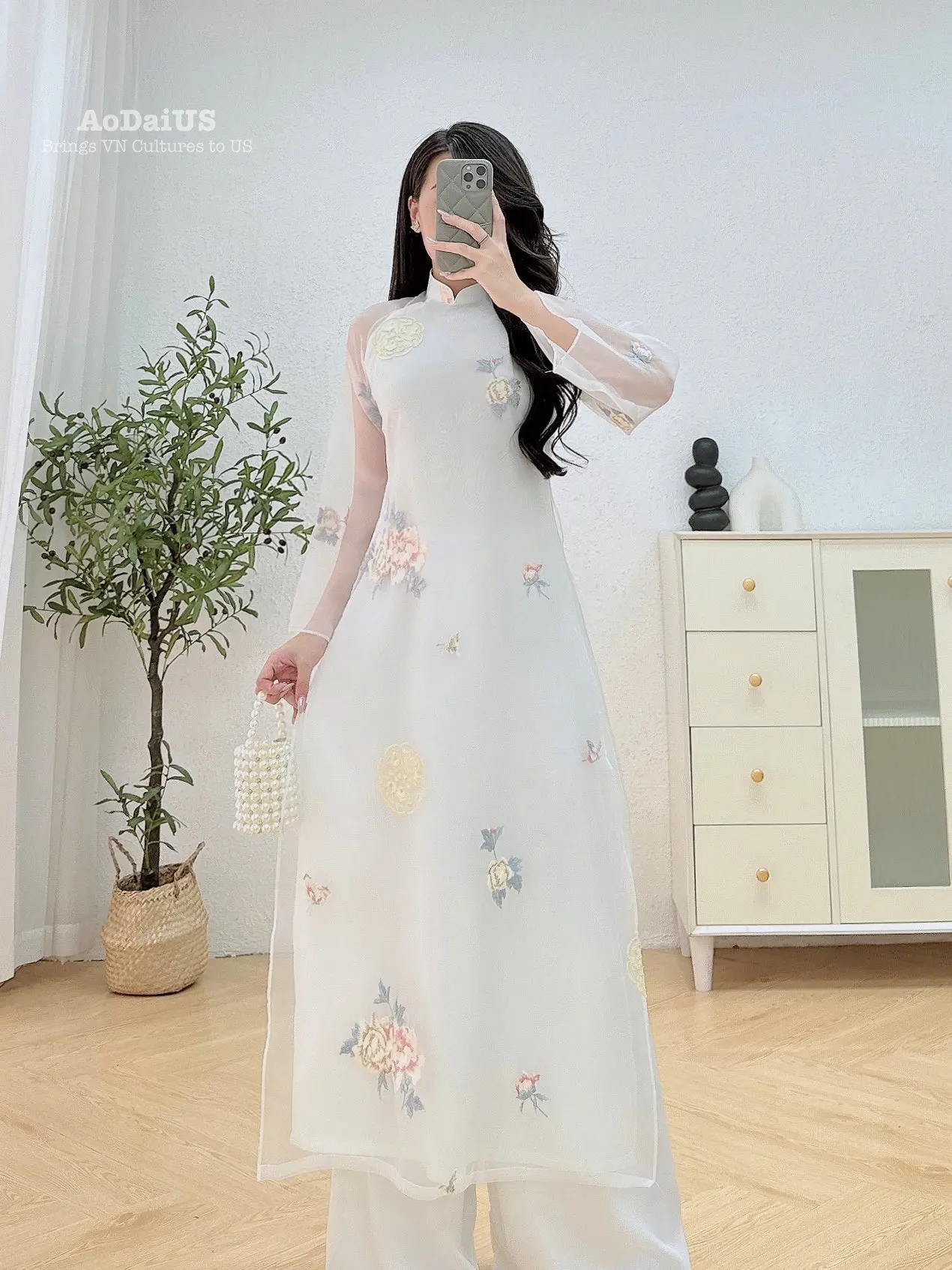 ao dai dress Blue ao dai with flower patterns main image 1