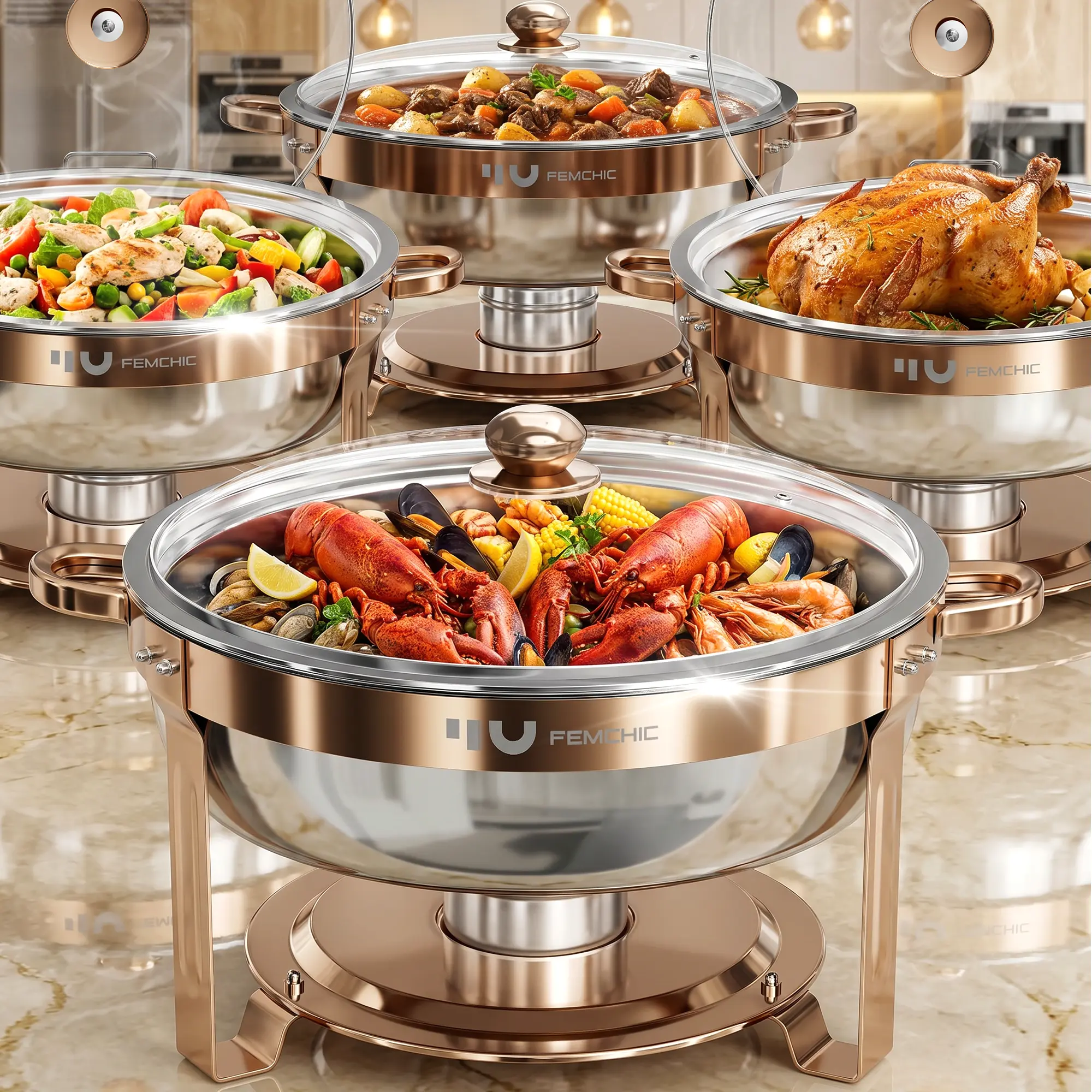 Femchic 7QT Rose Gold Chafing Dish Buffet Set, 2/4 Pack Stainless Steel Round Chafer Set with Glass Lid, Stackable & Smooth Rim, Dishwasher Safe, for Catering, Parties, Weddings & Holiday Gatherings