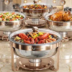 Femchic 6.5QT Rose Gold Chafing Dishes for Buffet, 2/4 Pack Stainless Steel Round Chafer Set with Glass Lid, Stackable & Smooth Rim, Dishwasher Safe, for Catering, Parties, Weddings & Holiday Gatherings