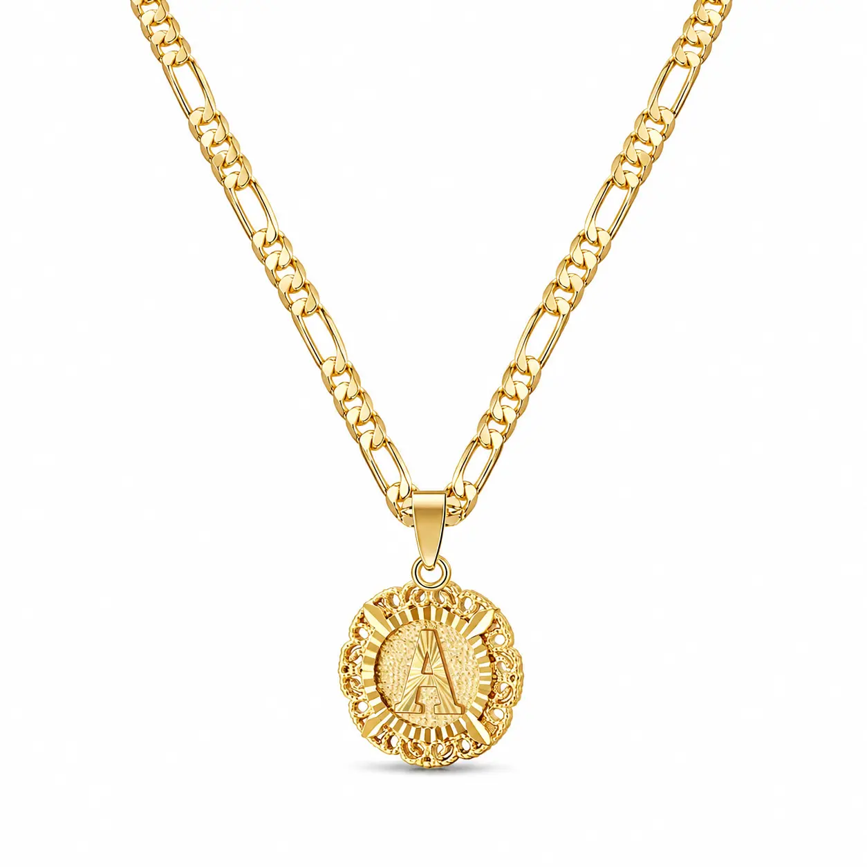 14K Gold Plated Initial Necklace, Round Letter Pendant A-Z, Unisex Figaro Chain Jewelry Gift