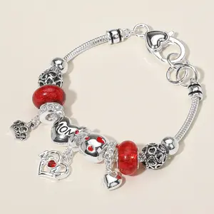 MOM Message Crown Heart Charm Beaded Bracelet