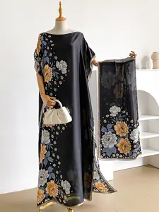 Elegant Chic Women's Floral Print Maxi Dress Set with Scarf Shawl Wrap, Casual Woven Fabric, Beach Decoration, Sun Protection, Daily Wear, Outdoor