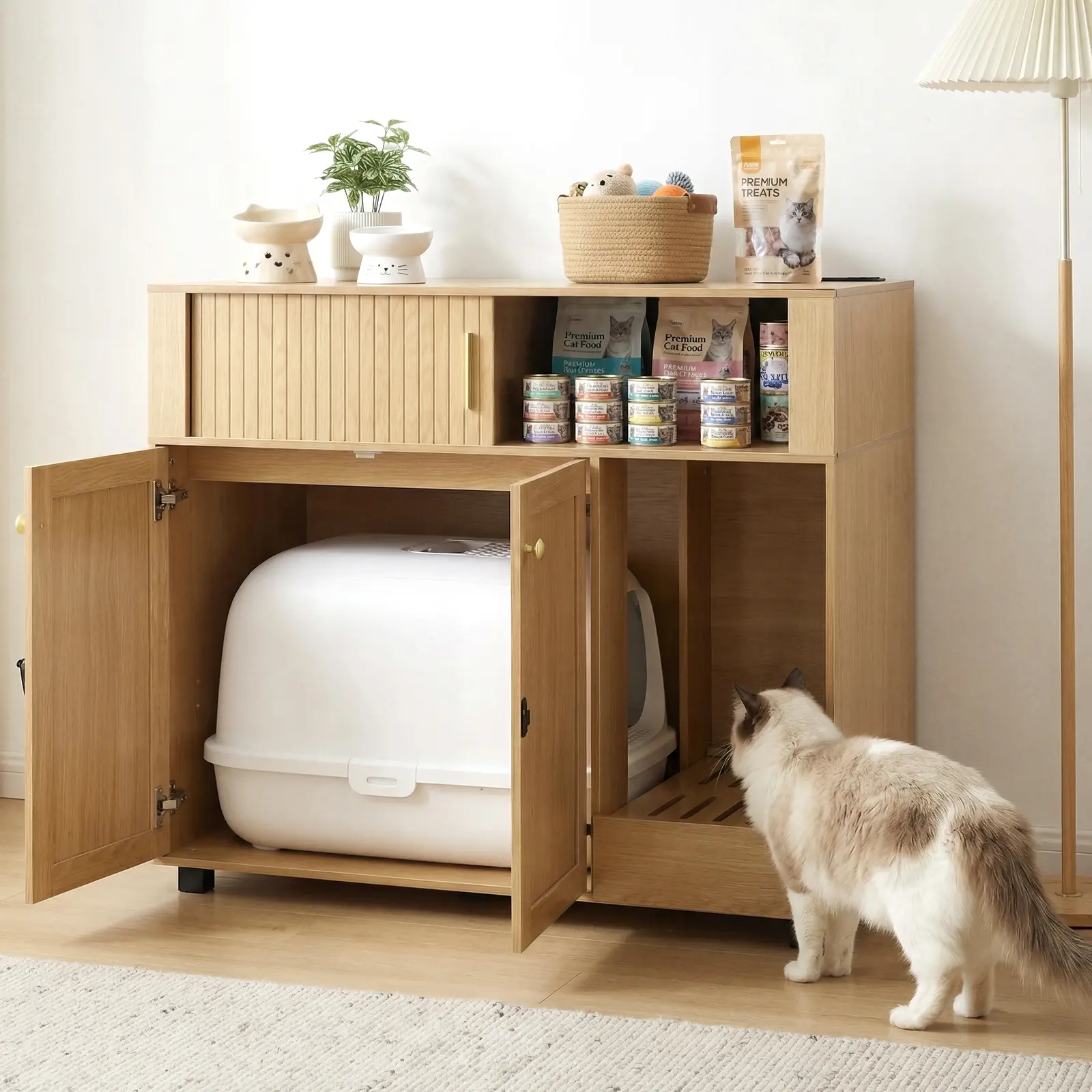 TSYPAIRS Enclosed Hidden Cat Litter Box Cabinet - Modern Natural Look Pet Furniture with Charging Port, Mess & Odor Reduction, Fits Most Automatic Litter Boxes (for Bedroom, Living Room), Automatic Litter Box, Hidden Litter Box