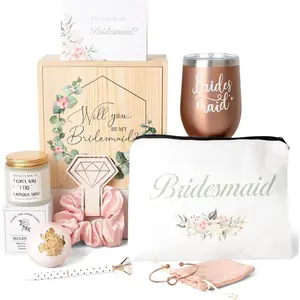 Bridesmaid Proposal Gifts Box, Will You Be My Bridesmaid Gift Wooden Box, Bachelorette Party Gift, 12 oz Stainless Steel Wine Tumbler Cup, Bride Tribe, Engagement Wedding Gifts