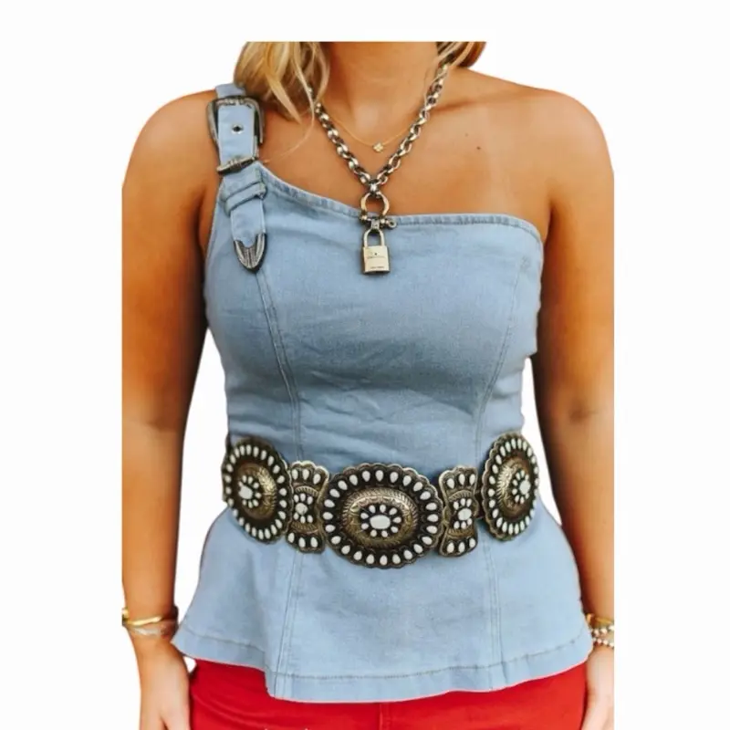 Women’s Stylish Denim Buckle Top, Casual Daily Wear for Ladies