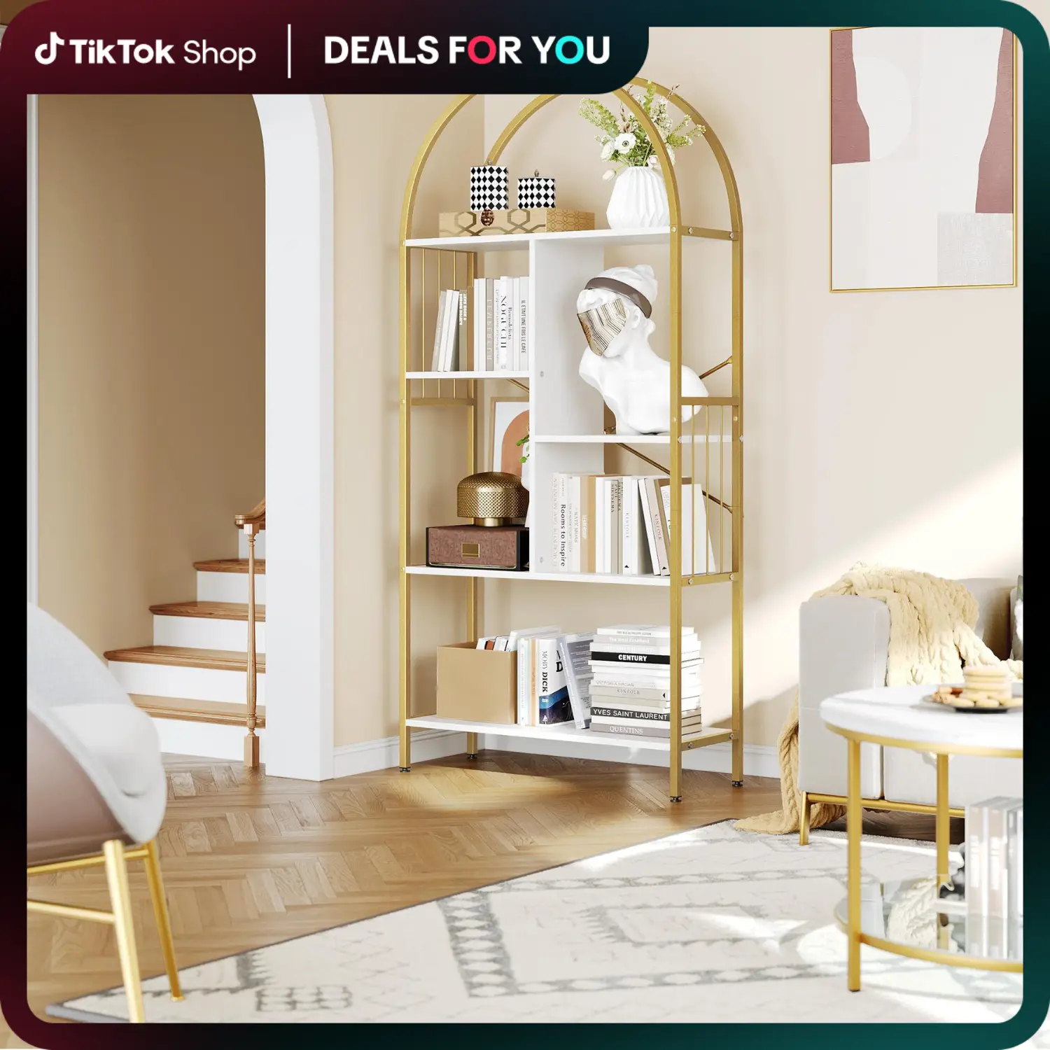 DWVO Gold Bookshelf and Bookcase, Tall Modern Open Arched Book Shelf, Freestanding Storage Display Rack Shelves for Living Room,Office,White&Gold