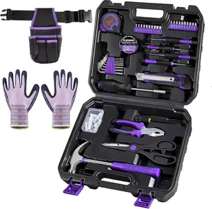 General Household Tool Set - Purple Hand Tool Kit with Waist Pouch & Gloves, Tool Kit for Women Everyday Home Repairs, DIY and Crafts, 112 pcs