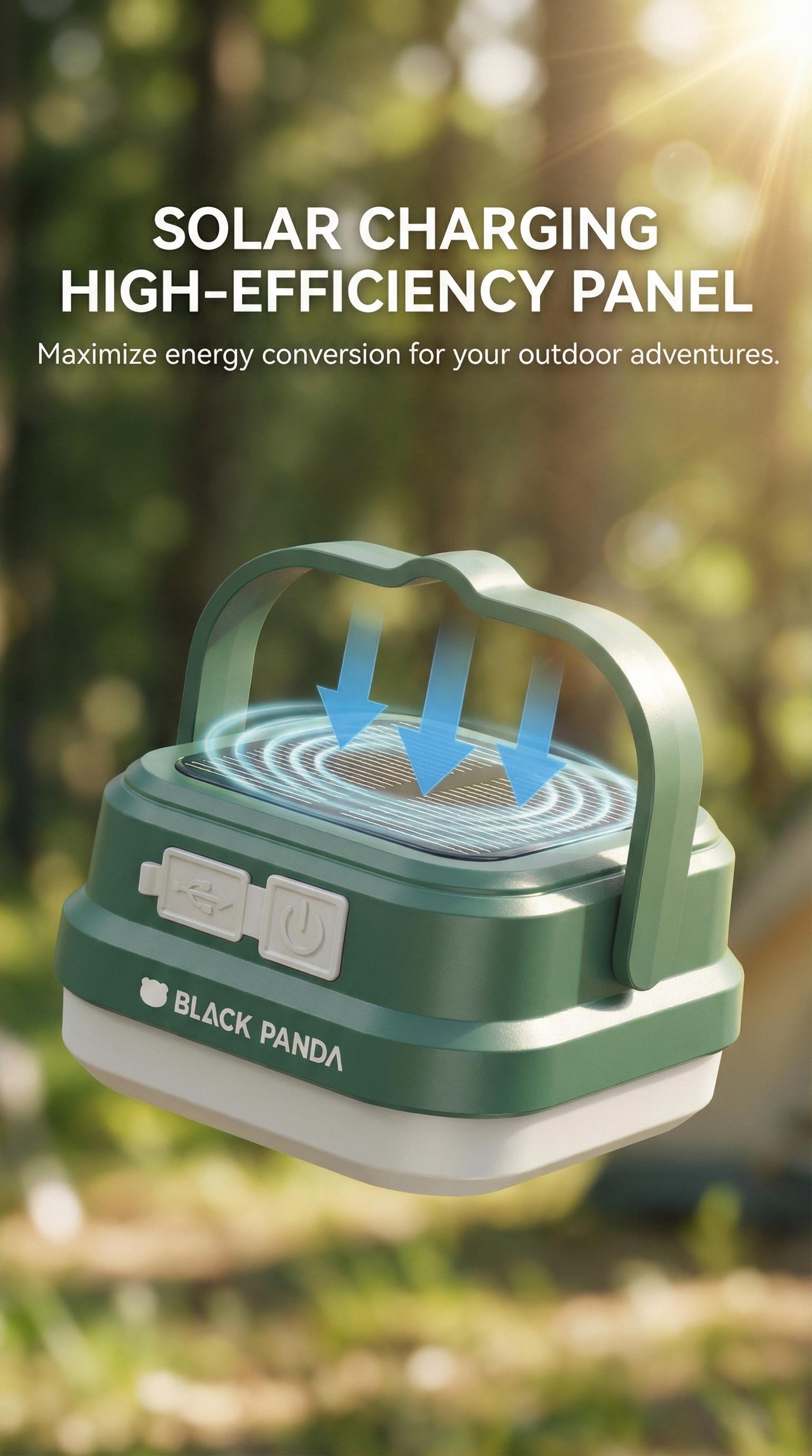 Black Panda Portable Solar Camping Lantern Solar & USB-C Dual Charging High Brightness Daily water resistant Multiple Lighting Modes