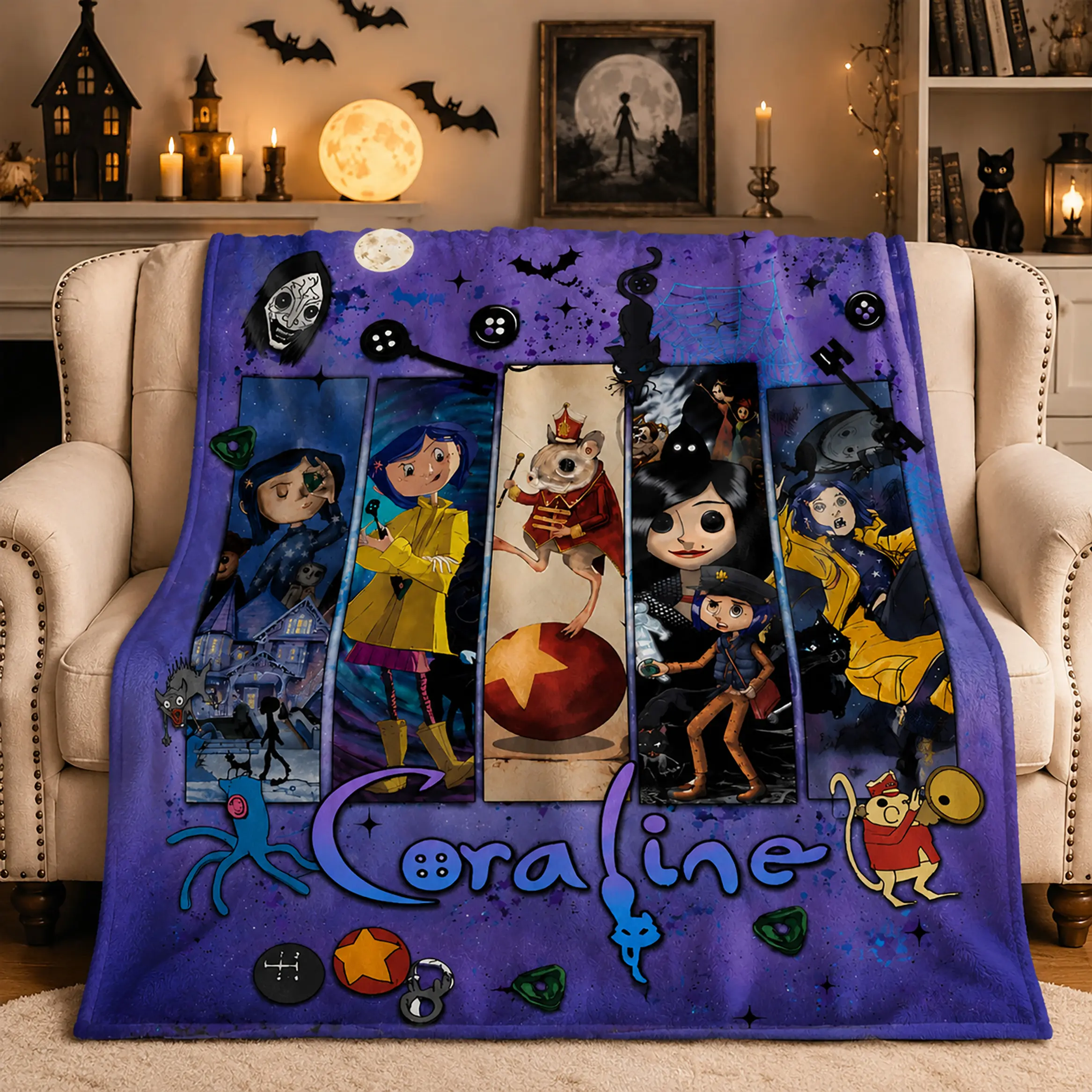 Coraline Throw Blanket Ultra Soft Flannel Fleece Plush Warm Cozy Lightweight Cartoon Movie Character Graphic Bed Blanket Bedroom Living Room Sofa Couch Dorm Travel Camping Kids Teens Adults Halloween Birthday Christmas Gift