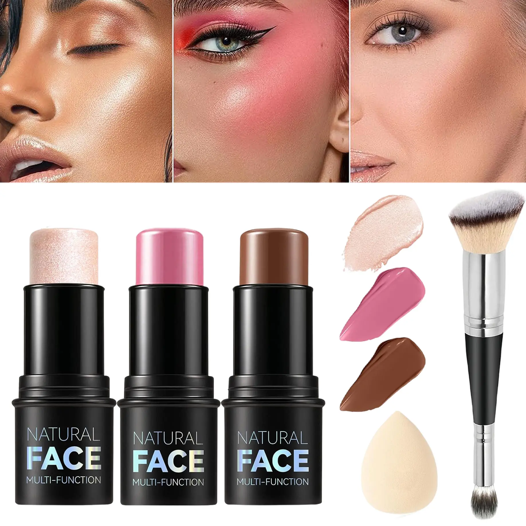 3Pcs Cream Contour Stick Makeup Kit, LIGHT MEDIUM(2+5+6) Shades with Highlighter, Blush & Bronzer, Long Lasting Waterproof Contour Sticks for Sculpting Cheeks, Matte & Dewy Finish with Brush and Sponge