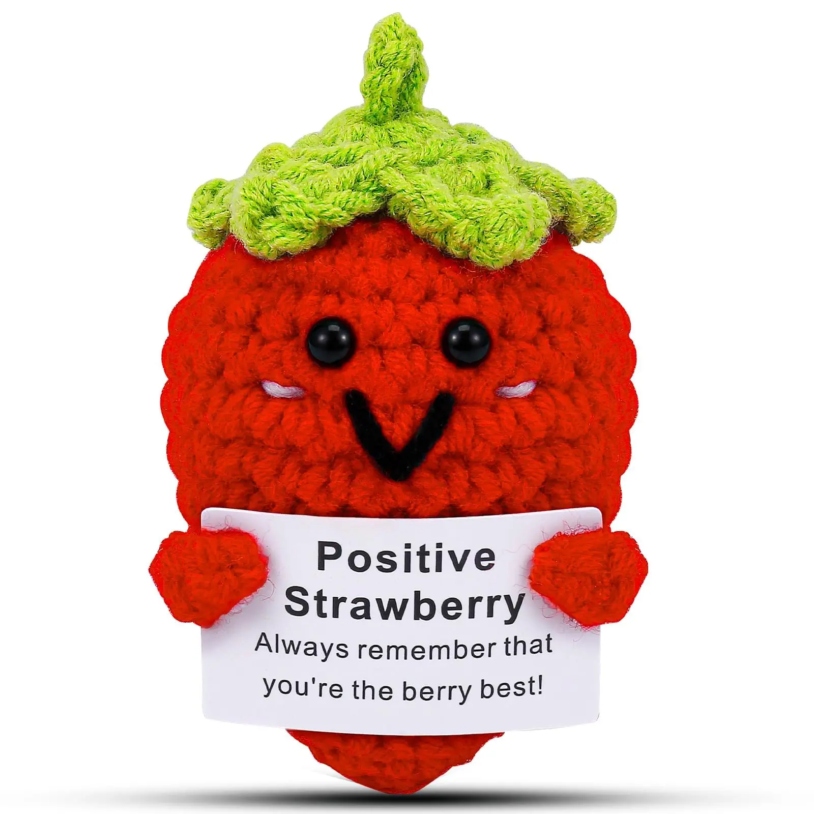 Positive Energy Crochet Figure Emotional Strawberry Gift with Inspiring Affirmation Card Present for Women and Men Birthday and Office Desk Decor, Christmas Stocking Stuffer, Soothing Soft Adorable Stuffed Doll, Soft Cuddly Gift