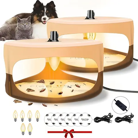2-Pack Automatic Corded Flea Light Trap for Inside Home & Kitchens, 6 Sticky Pads Refills, 4 Flea Lights, Safe Non-Toxic Cockroach Gel Trap, Bed Bug Insect Killer, Pet & Kid-Friendly Pest Control Tool that Captures Pests Securely